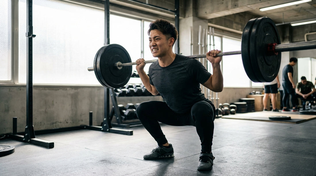 Athlete performing a controlled deep barbell back squat in a gym