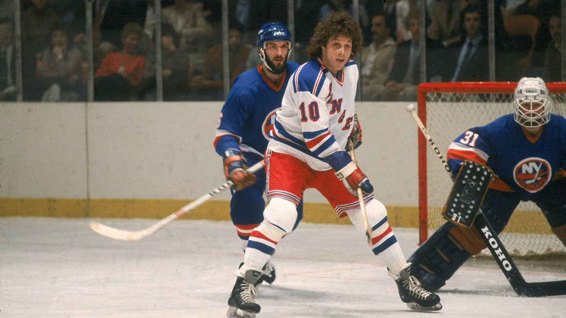 Ron Duguay wearing New York Rangers No. 10 in archival NHL action