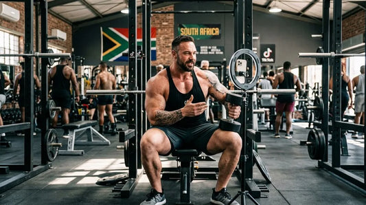 Noel Deyzel seated in a gym, filming training advice beside a ring light
