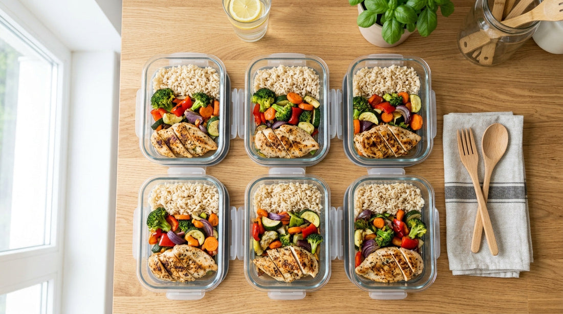 Several balanced chicken, rice and vegetable meal-prep containers arranged on a wooden table