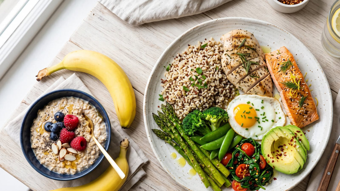 Balanced sports nutrition meal with protein, carbohydrates, fruit and vegetables