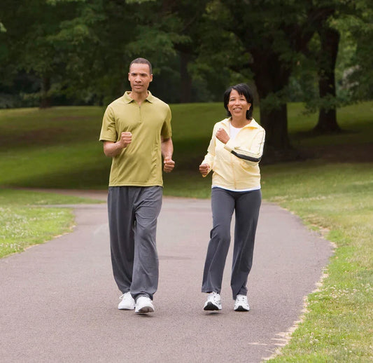 Two adults walking briskly together on a tree-lined park path as a practical daily fitness habit