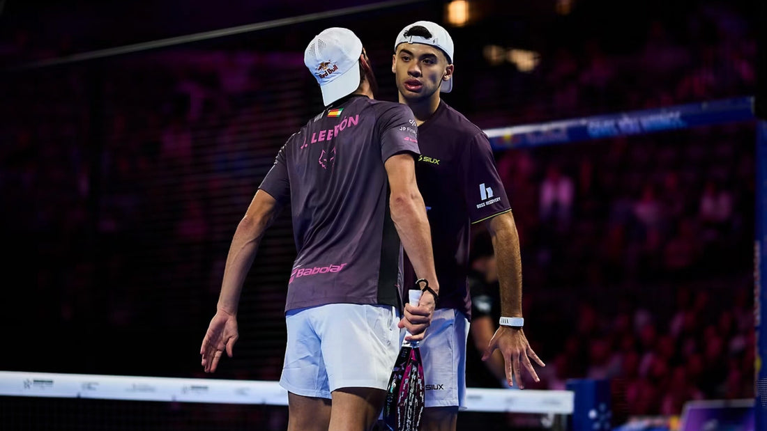 Juan Lebrón and Leo Augsburger discussing tactics during the 2026 Premier Padel season