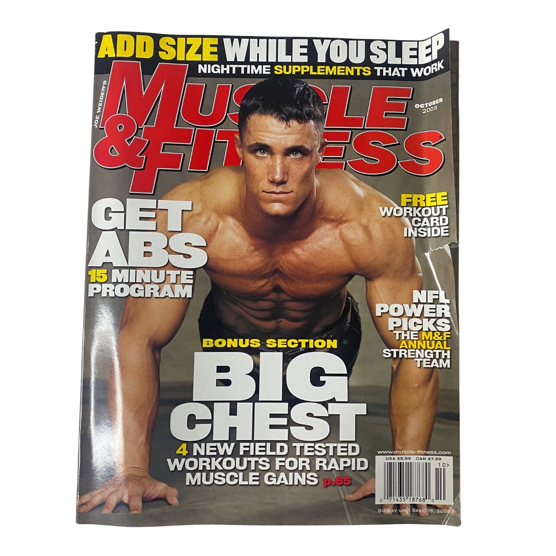 Greg Plitt featured on the October 2003 Muscle and Fitness magazine cover, illustrating the pre-TikTok fitness model era