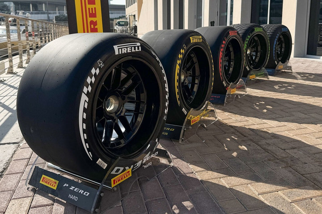 Pirelli's 2026 Formula 1 tyre range on display, including hard, medium and soft compounds