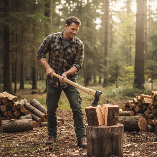 Person splitting a log outdoors with a long-handled axe