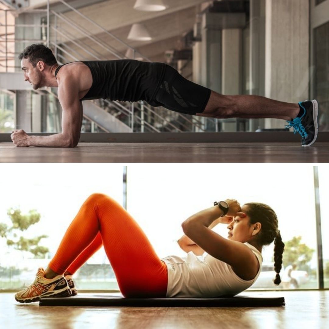 Side-by-side photographs of a man holding a forearm plank and a woman performing a floor crunch