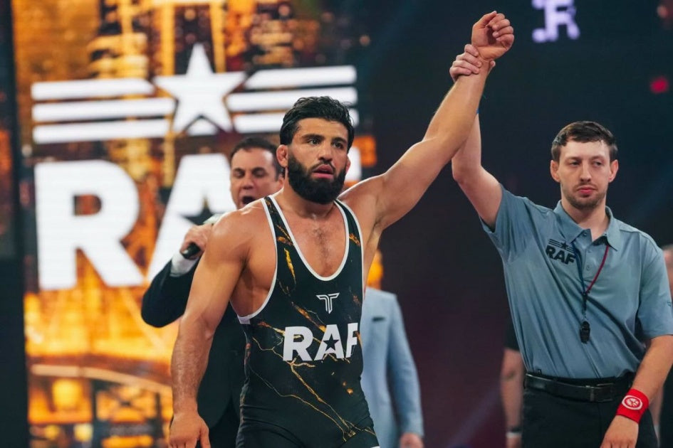 Arman Tsarukyan celebrates a Real American Freestyle wrestling victory in 2026