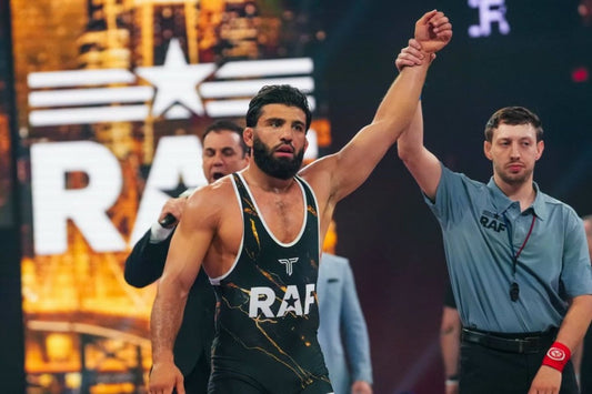 Arman Tsarukyan celebrates a Real American Freestyle wrestling victory in 2026