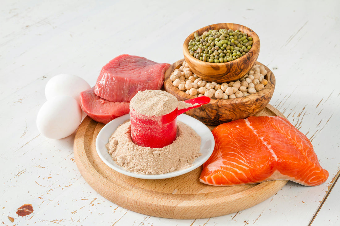 Assorted protein foods including salmon, beans, egg and protein powder