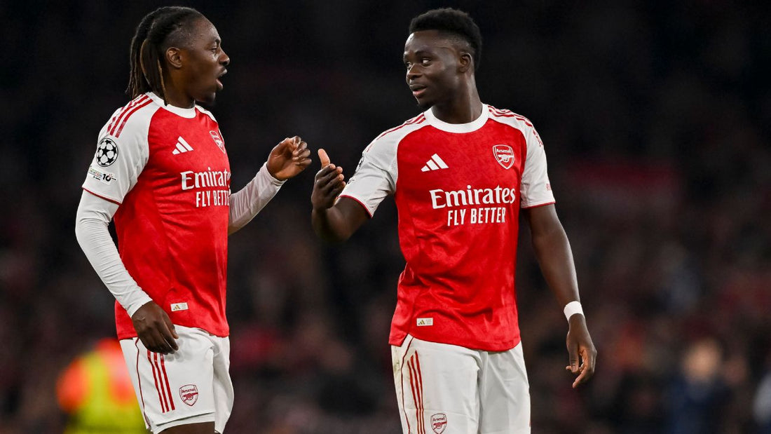 Arsenal teammates Eberechi Eze and Bukayo Saka pictured together in Arsenal red-and-white, archival 2025 club image