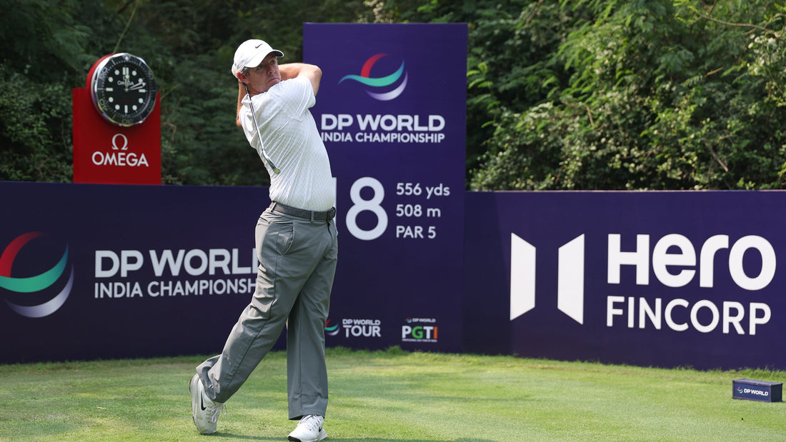 Rory McIlroy plays a shot in a practice round at Delhi Golf Club ahead of the 2026 DP World India Championship