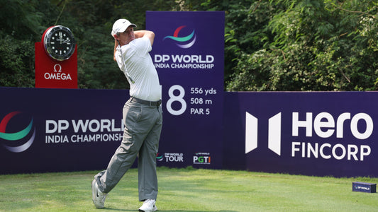 Rory McIlroy plays a shot in a practice round at Delhi Golf Club ahead of the 2026 DP World India Championship