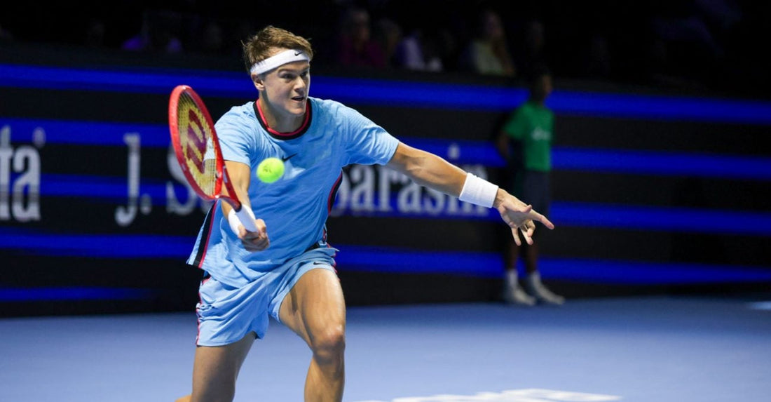 Holger Rune plays a forehand against Quentin Halys at Swiss Indoors Basel on October 26, 2026