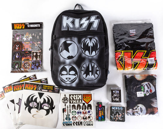 KISS-inspired rock-and-gym merchandise arranged as a gift bundle with shirt, hoodie, stickers and accessories