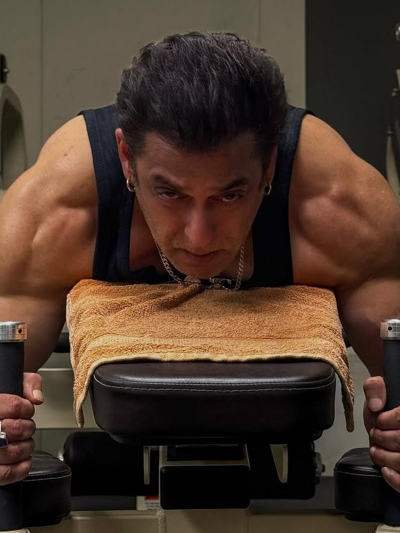 Salman Khan training in a gym, showing the muscular physique he has maintained through decades of bodybuilding