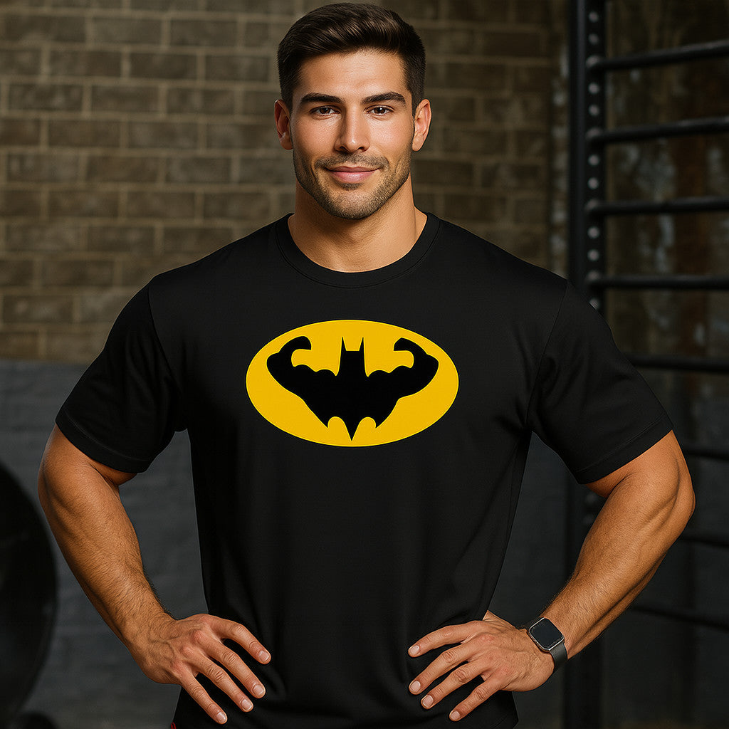 Male gym-goer in a black Batman-inspired T-shirt with a bright yellow muscular bat emblem