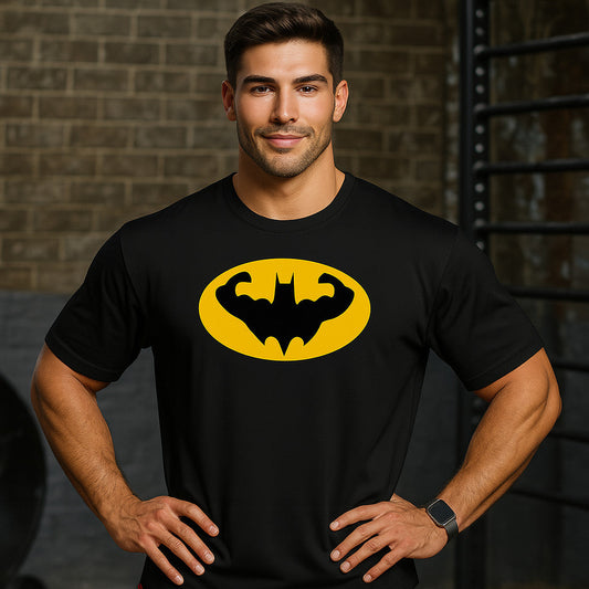 Male gym-goer in a black Batman-inspired T-shirt with a bright yellow muscular bat emblem