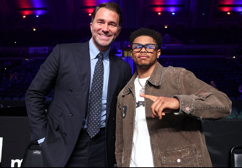 Eddie Hearn and Shakur Stevenson at a boxing promotional appearance