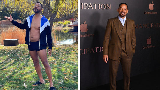Side-by-side images of Will Smith during his 2021 pandemic weight gain and later red-carpet appearance