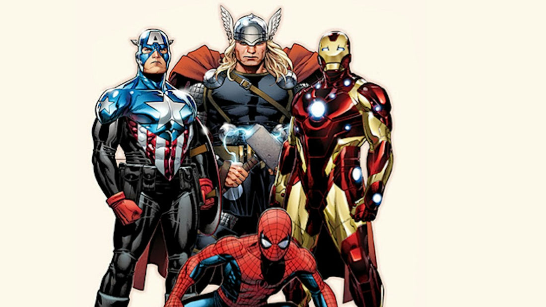 Comic-style Marvel Avengers lineup featuring Thor holding his hammer, Captain America with his shield and Spider-Man crouching in front