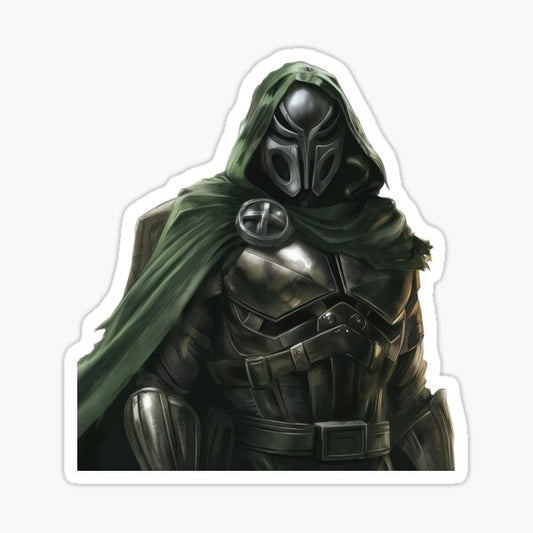 Die-cut Doctor Doom-inspired armored figure sticker with green hood and silver mask