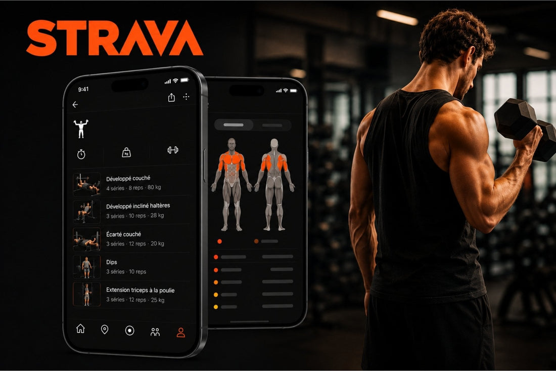 Strava-branded workout tracking interface and orange muscle map beside a man curling a dumbbell