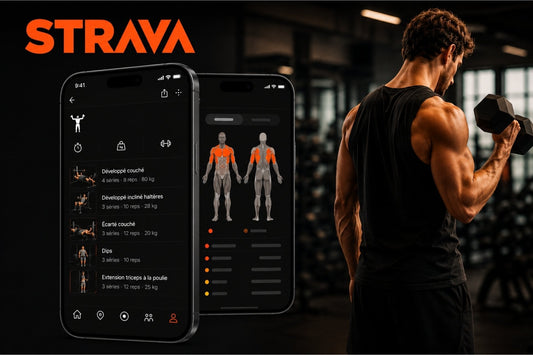 Strava-branded workout tracking interface and orange muscle map beside a man curling a dumbbell