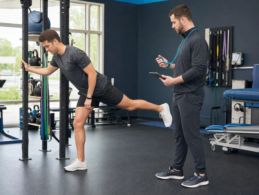 Man practicing a single-leg balance assessment under a trainer's supervision