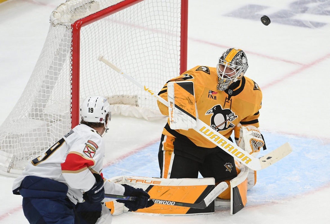 Arturs Silovs in Pittsburgh Penguins goaltending action during the 2026 season, archival photograph