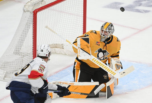Arturs Silovs in Pittsburgh Penguins goaltending action during the 2026 season, archival photograph