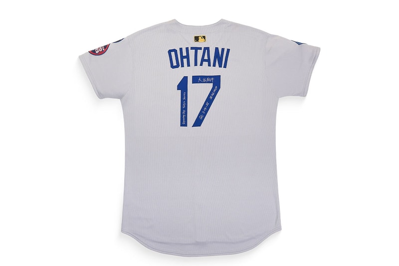 Back of Shohei Ohtani's game-worn Dodgers Tokyo Series jersey with signature and Gold Logoman