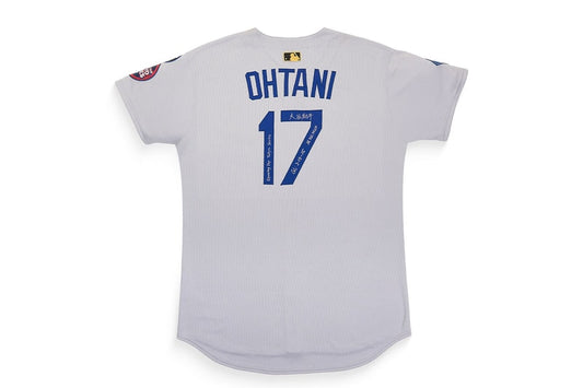 Back of Shohei Ohtani's game-worn Dodgers Tokyo Series jersey with signature and Gold Logoman