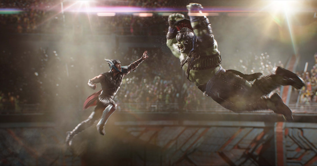 Hulk and Thor facing off in a gladiator arena