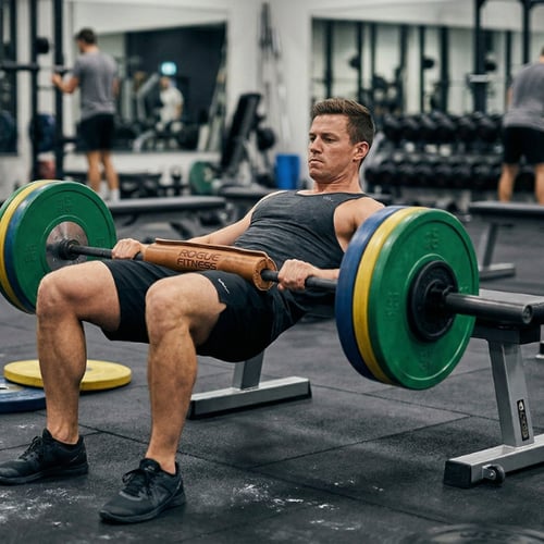 Male lifter driving a heavily loaded barbell hip thrust in a gym