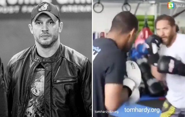 Tom Hardy in Bane-era training style with heavy dumbbells and an industrial gym backdrop