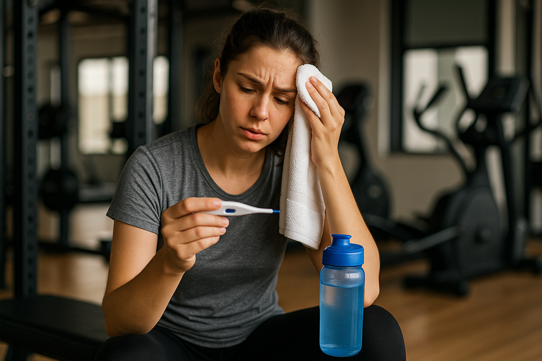 Athlete checking her temperature and resting in a gym before deciding whether to train