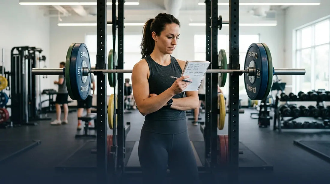 Strength coach guiding an adult gym client through a controlled training session