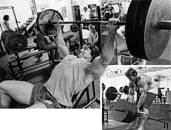 Arnold Schwarzenegger during a classic chest and back bodybuilding workout