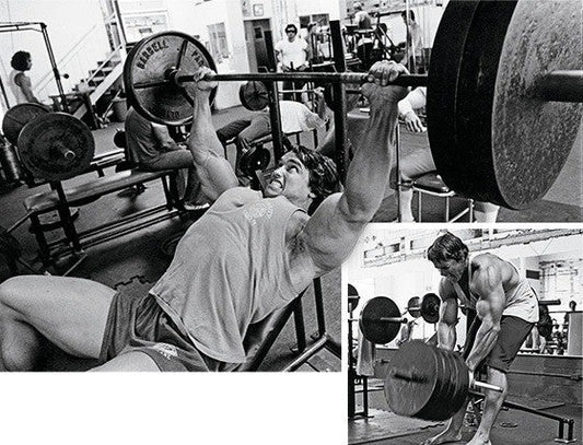 Arnold Schwarzenegger during a classic chest and back bodybuilding workout