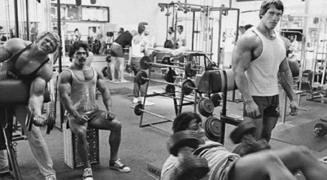 Arnold Schwarzenegger training at Gold's Gym during his bodybuilding era