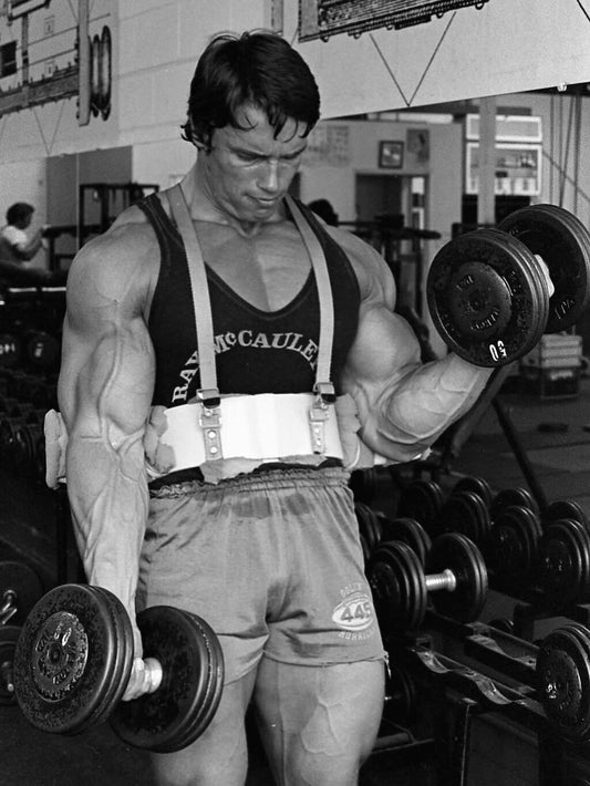 Arnold Schwarzenegger performing a dumbbell curl during bodybuilding training