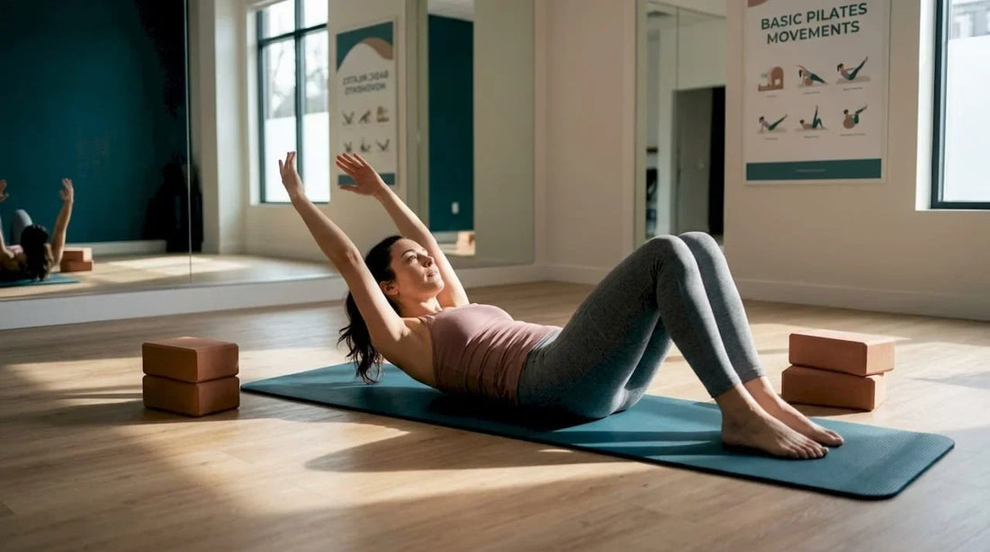 Woman performing a controlled Pilates mat exercise in a bright studio