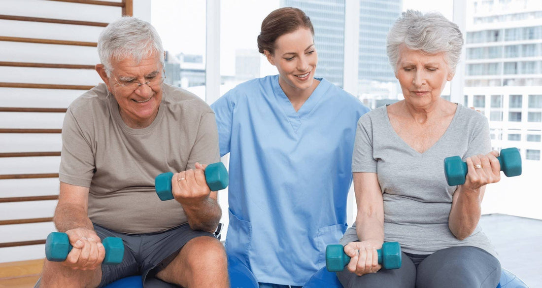 Older adult strength training with dumbbells