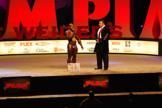 Dexter Jackson onstage after winning the 2008 Mr. Olympia