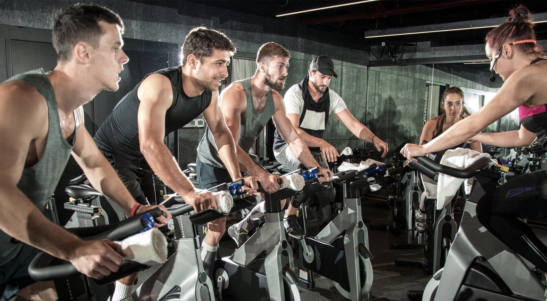 Indoor cycling class during a high-intensity workout