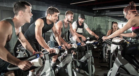 Indoor cycling class during a high-intensity workout