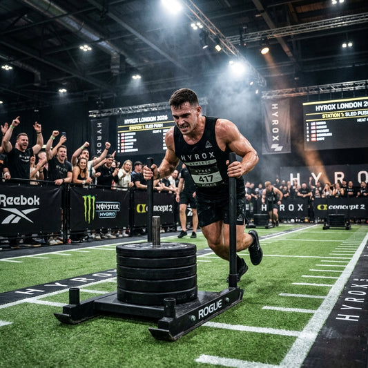 HYROX athlete pushing a weighted sled