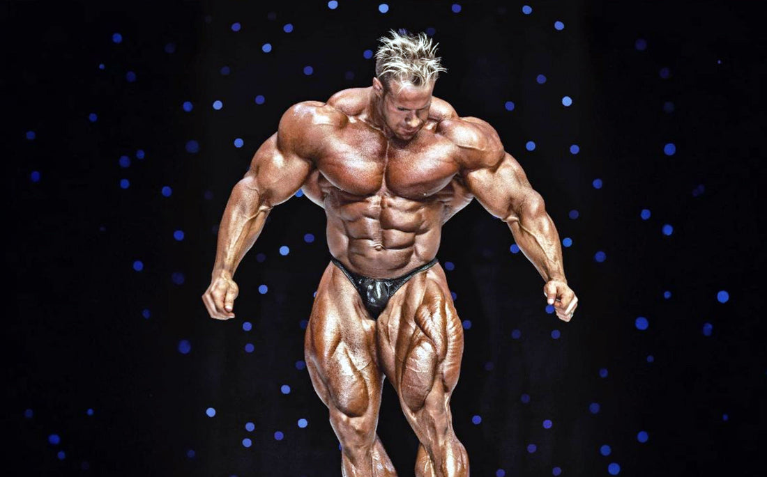 Jay Cutler performing his iconic quad stomp pose on the Mr Olympia stage