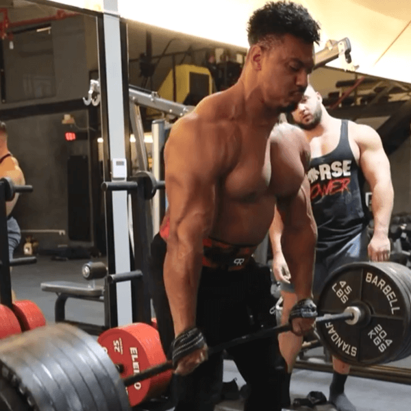 Larry Wheels performing a heavy deadlift